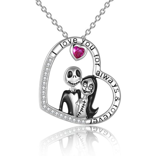 Sterling Silver Circular Cubic Zirconia Heart & Skeleton Pendant Necklace Halloween