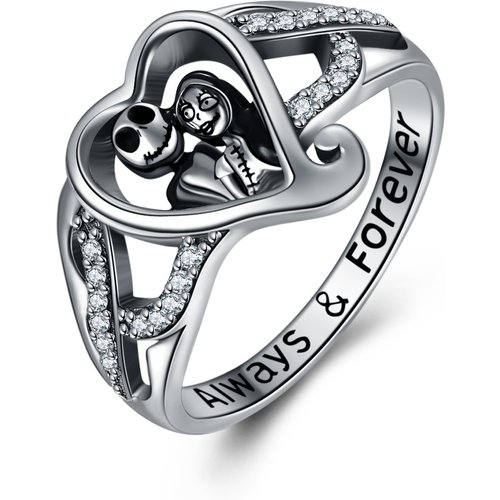 Sterling Silver Round Shaped Cubic Zirconia Heart & Skeleton Ring with Engraved Word