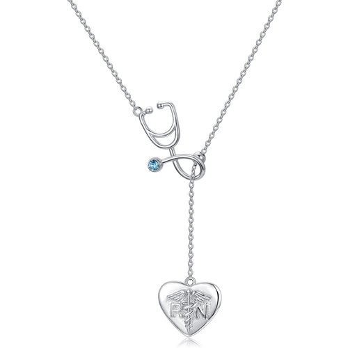Sterling Silver Circular Shaped Cubic Zirconia Heart & Stethoscope Adjustable Y Necklace