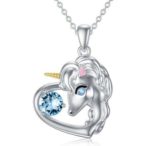 Sterling Silver Circular Shaped Cubic Zirconia Heart & Unicorn Pendant Necklace