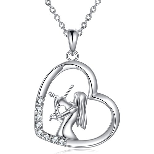 Sterling Silver Circular Shaped Cubic Zirconia Heart & Violin Pendant Necklace