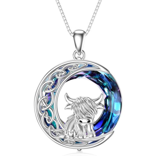 Sterling Silver Circular Crystal Highland Cow & Celtic Knot Pendant Necklace For Women