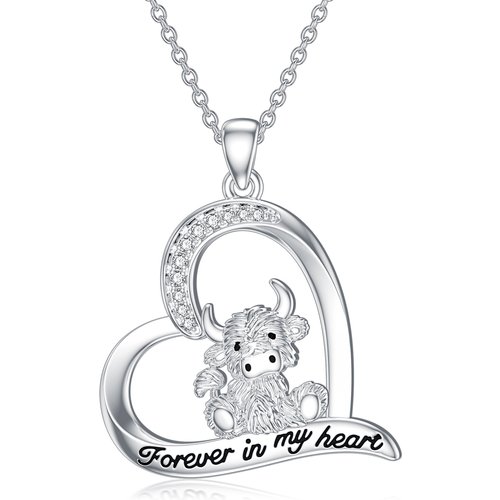 Sterling Silver Circular Shaped Cubic Zirconia Highland Cow & Heart Pendant Necklace with Engraved Word