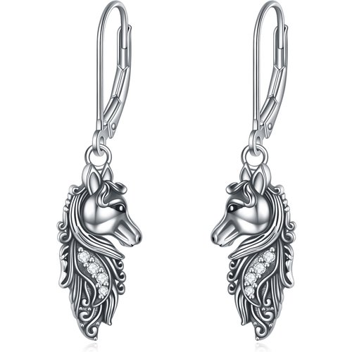 Sterling Silver Circular Shaped Cubic Zirconia Horse Lever-back Earrings