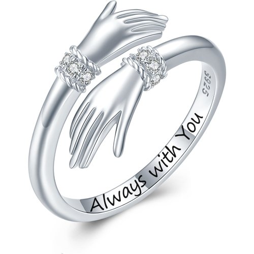 Sterling Silver Cubic Zirconia Hug Open Ring with Engraved Word
