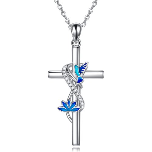 Sterling Silver Circular Shaped Cubic Zirconia Hummingbird & Cross Pendant Necklace