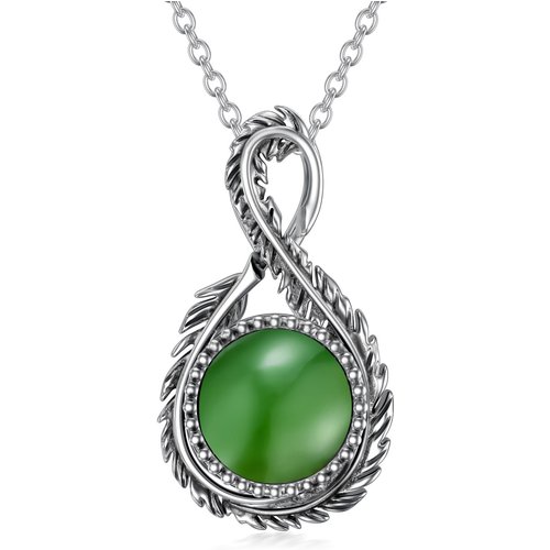 Sterling Silver Circular Shaped Jade Feather & Infinity Symbol Pendant Necklace