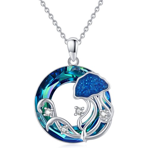 Sterling Silver Circular Shaped Jellyfish Crystal Pendant Necklace