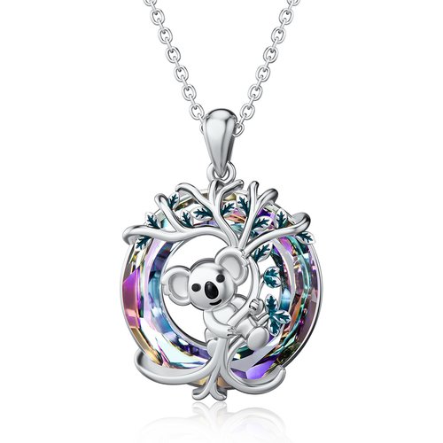Sterling Silver Circular Shaped Koala Crystal Pendant Necklace