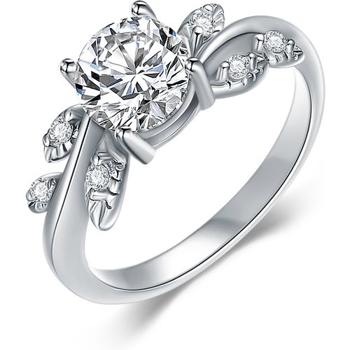Sterling Silver Round Shaped Cubic Zirconia Leaves Engagement Ring