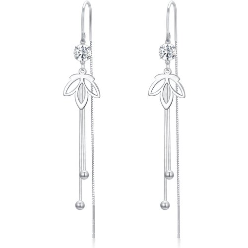 Sterling Silver Circular Shaped Cubic Zirconia Lotus Drop Earrings
