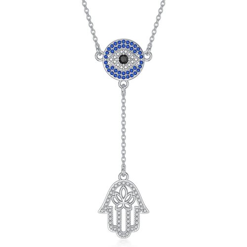 Sterling Silver Circular Cubic Zirconia Lotus With Evil Eye With Hamsa Hand Non-Adjustable Y-Necklace For Women