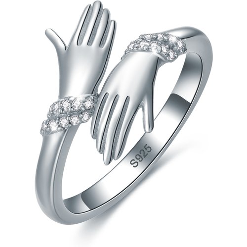 Sterling Silver Round Shaped Cubic Zirconia Lover Couples Embrace Open Ring