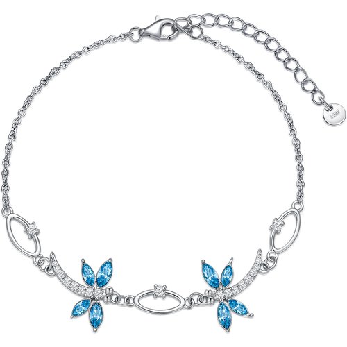 Sterling Silver Marquise Crystal & Cubic Zirconia Dragonfly Charm Bracelet For Women