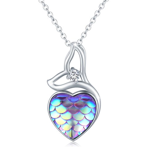 Sterling Silver Circular Shaped Cubic Zirconia Mermaid Tail & Heart Pendant Necklace