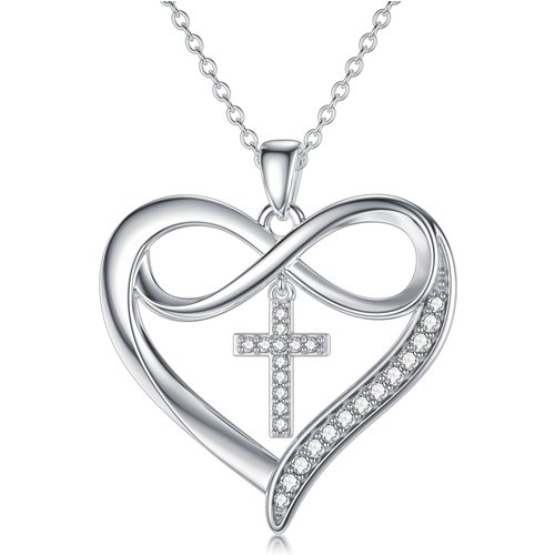 Sterling Silver Circular Shaped Moissanite Cross & Heart Pendant Necklace