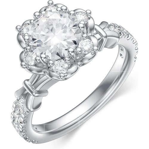 Sterling Silver Round Shaped Moissanite & Personalized Engraving Sunflower Engagement Ring