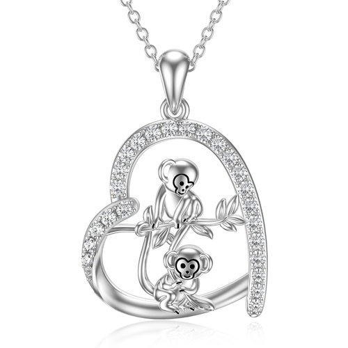 Sterling Silver Circular Shaped Cubic Zirconia Monkey & Heart Pendant Necklace