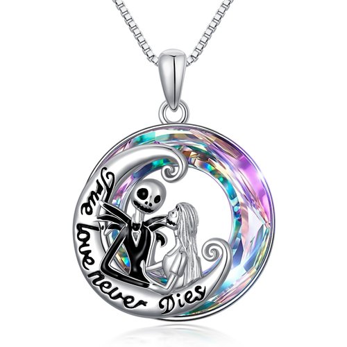 Sterling Silver Circular Shaped Moon & Skeleton Crystal Pendant Necklace with Engraved Word