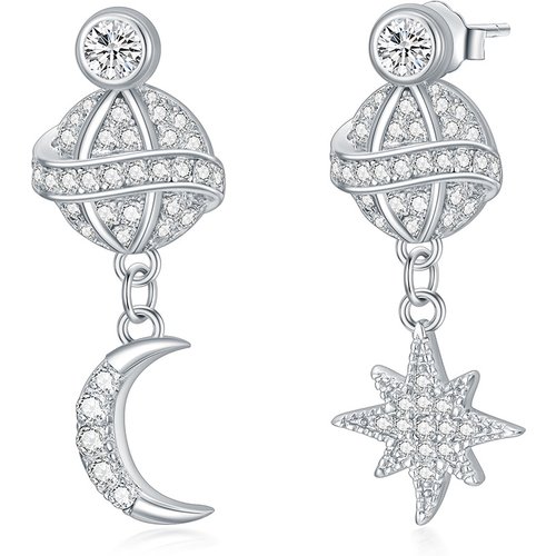 Sterling Silver Circular Shaped Cubic Zirconia Moon & Star Drop Earrings