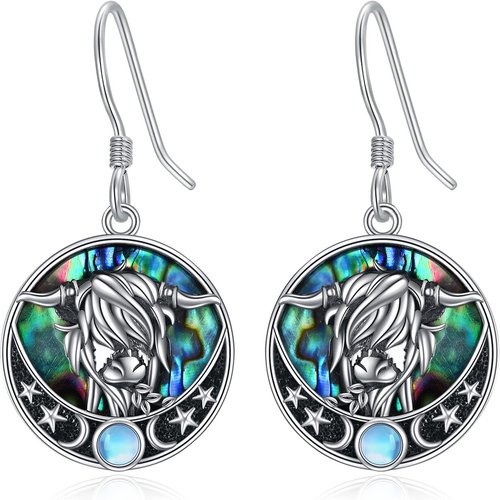 Sterling Silver Circular Shaped Moonstone & Abalone Shellfish Highland Cow Drop Earrings