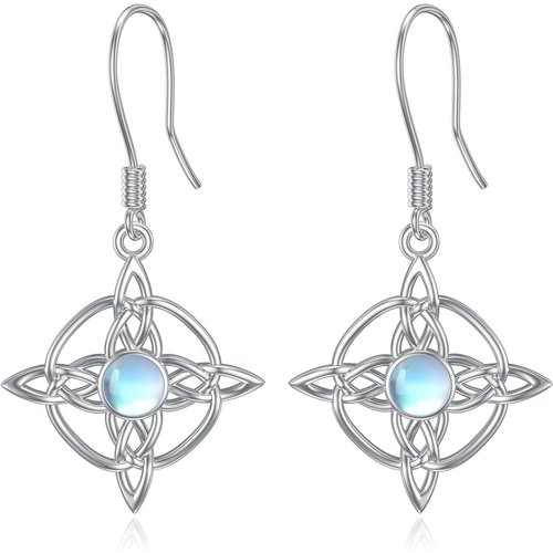 Sterling Silver Circular Shaped Moonstone Celtic Knot & Cross Drop Earrings