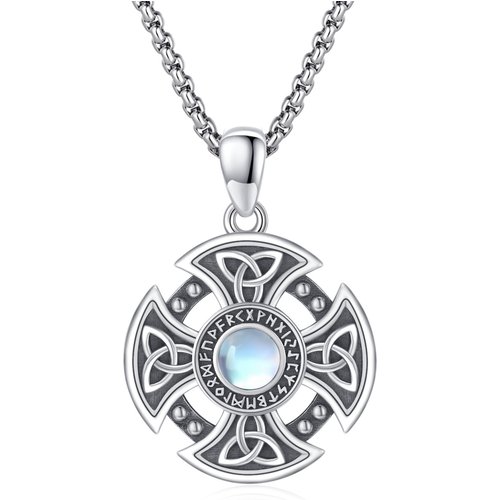 Sterling Silver Circular Moonstone Celtic Knot With Cross With Viking Rune Pendant Necklace For Women Best Friend