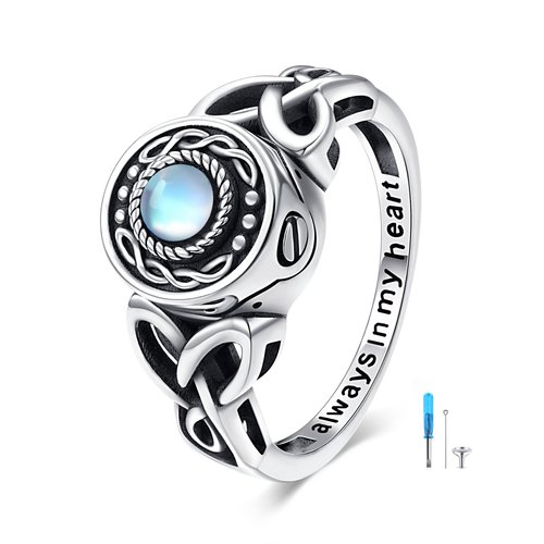 Sterling Silver Round Shaped Moonstone Celtic Knot & Heart Urn Ring with Engraved Word