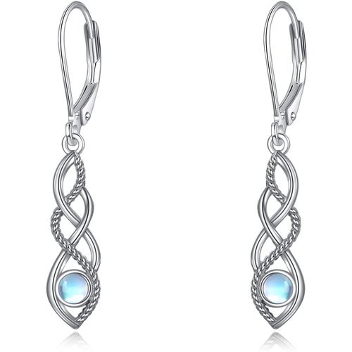 Sterling Silver Circular Shaped Moonstone Celtic Knot Lever-back Earrings