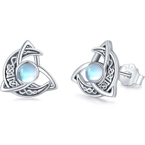 Sterling Silver Circular Shaped Moonstone Celtic Knot & Moon Stud Earrings