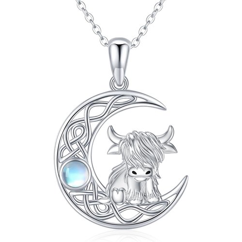 Sterling Silver Circular Moonstone Cow With Celtic Knot Moon Pendant Necklace For Women