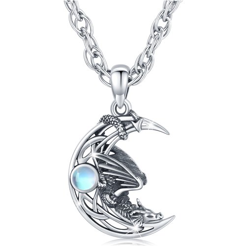 Sterling Silver Circular Shaped Moonstone Dragon Singapore Chain Necklace for Men