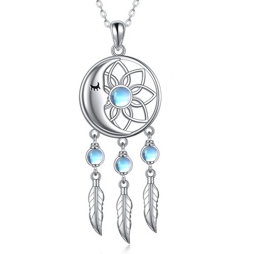 Sterling Silver Circular Shaped Moonstone Dream Catcher Pendant Necklace