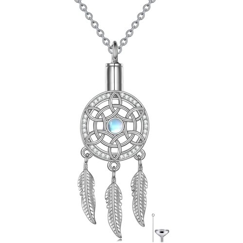 Sterling Silver Circular Shaped Moonstone Dream Catcher Urn Necklace for Ashes