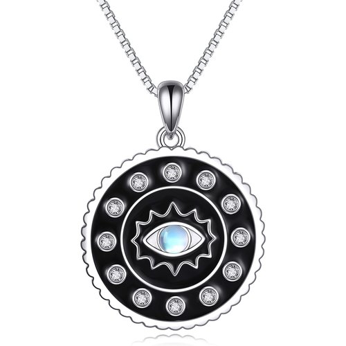 Sterling Silver Circular Shaped Moonstone Evil Eye Pendant Necklace