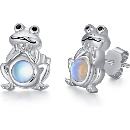 Sterling Silver Circular Shaped Moonstone Frog Stud Earrings