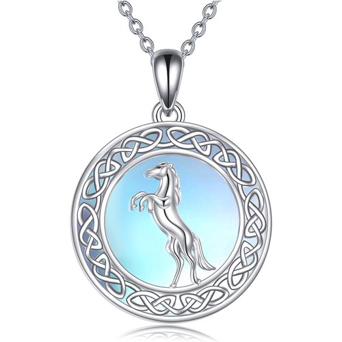 Sterling Silver Circular Shaped Moonstone Horse & Celtic Knot Pendant Necklace