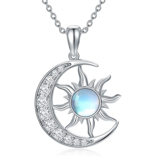 Sterling Silver Circular Shaped Moonstone Moon & Sun Pendant Necklace