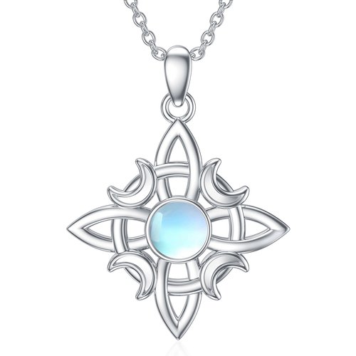 Sterling Silver Circular Shaped Moonstone Moon & Witch Knot Pendant Necklace
