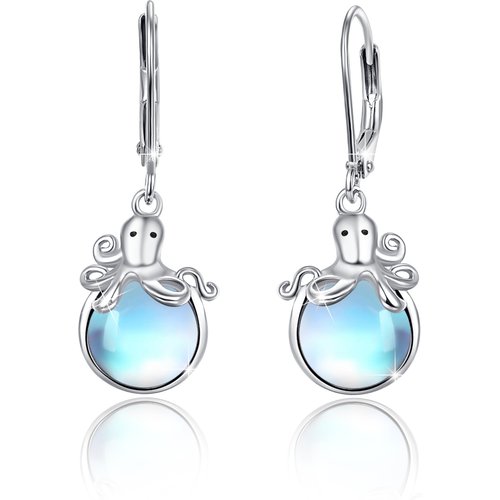 Sterling Silver Circular Shaped Moonstone Octopus Lever-back Earrings