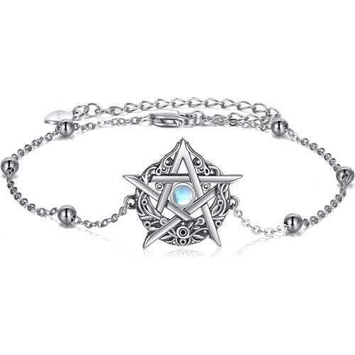 Sterling Silver Circular Shaped Moonstone Pentagram Charm Bracelet