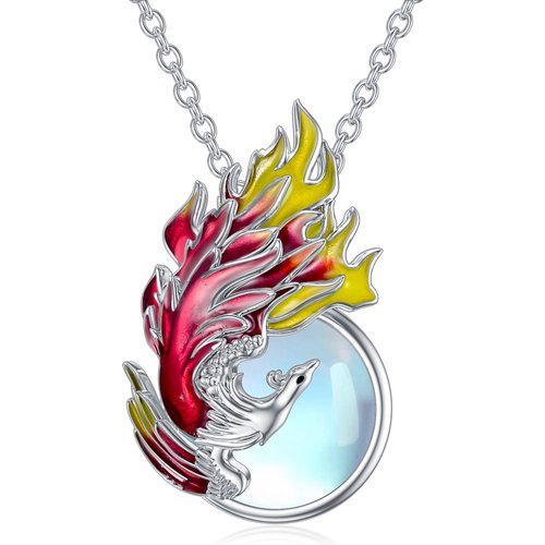Sterling Silver Circular Shaped Moonstone Phoenix Pendant Necklace