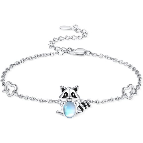 Sterling Silver Circular Shaped Moonstone Raccoon Charm Bracelet