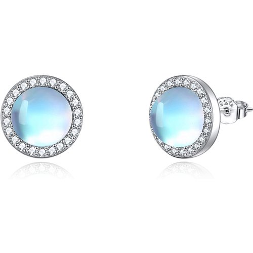 Sterling Silver Circular Shaped Cubic Zirconia & Moonstone Round Stud Earrings