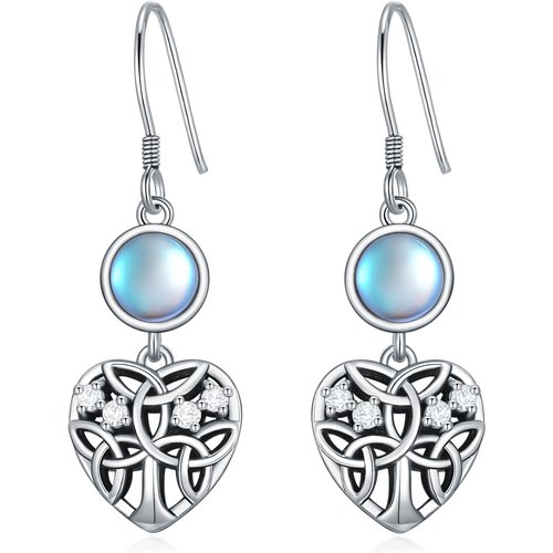 Sterling Silver Cubic Zirconia Moonstone Tree Of Life And Heart Drop Earrings For Women