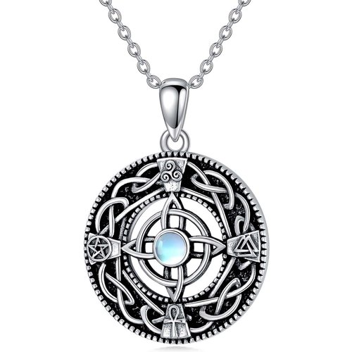Sterling Silver Circular Shaped Moonstone Triforce Celtic Knot Pendant Necklace