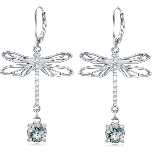 Sterling Silver Circular Shaped Moss Agate Dragonfly Drop Earrings
