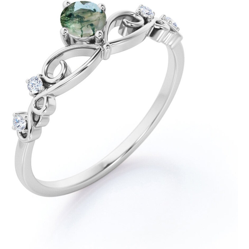 Sterling Silver Round Shaped Moss Agate Engagement Ring