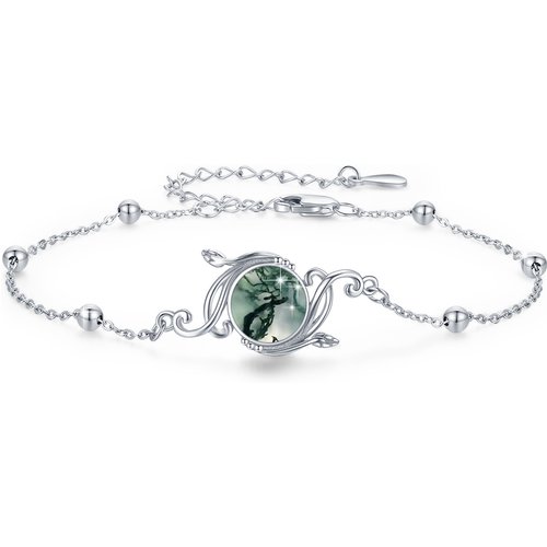 Sterling Silver Circular Shaped Moss Agate Ivy Charm Bracelet