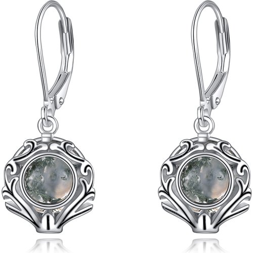 Sterling Silver Circular Shaped Moss Agate Lever-back Earrings